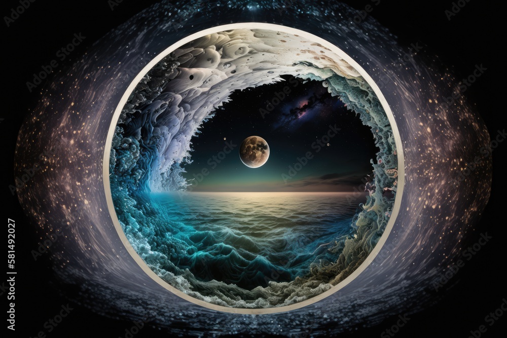 Beautiful nebula, silver full moon, and shimmering sea surface in a surreal fisheye seascape, illust