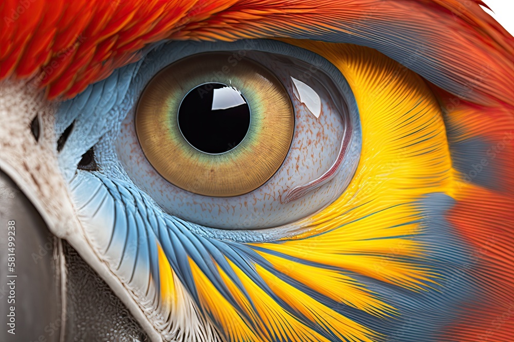 a scarlet macaws (4 year old) eye in close up, isolated on white. Generative AI