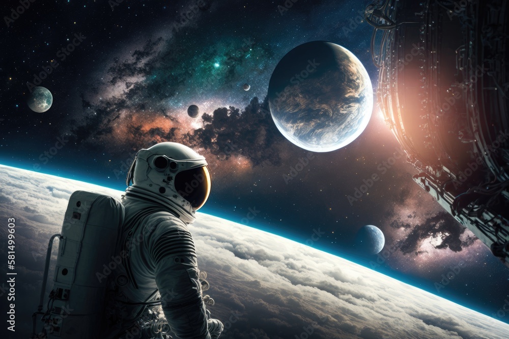 An astronaut and a space station can be seen against a background of planets in far space. Scientifi