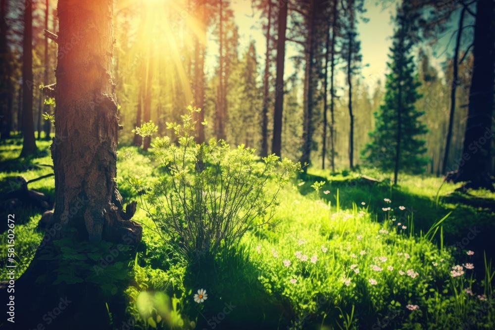 Green Grass And Sunny Forest Trees In The Summer. Sunlight and natural wood background. Quick Toned 