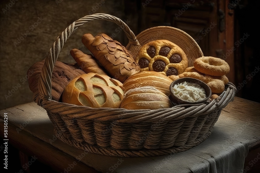 Old Spanish village bakerys bread basket. Generative AI