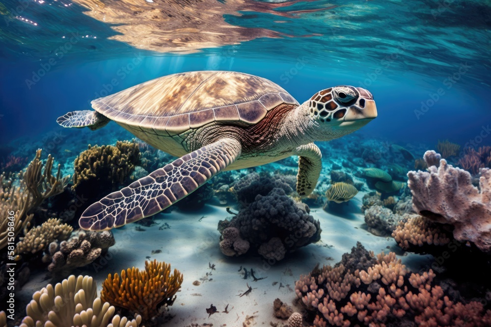 Eretmochelys imbricata, the hawksbill turtle, floats in the water. Indian Ocean coral reef in the Ma