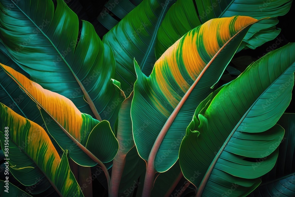 Strelitzia retinae foliage, Bird of paradise foliage (Heliconia leaf)Tropical leaf texture in garden