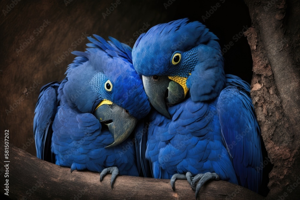 Blue Hyacinth macaws cuddling while perched on a limb. animal affection. Generative AI