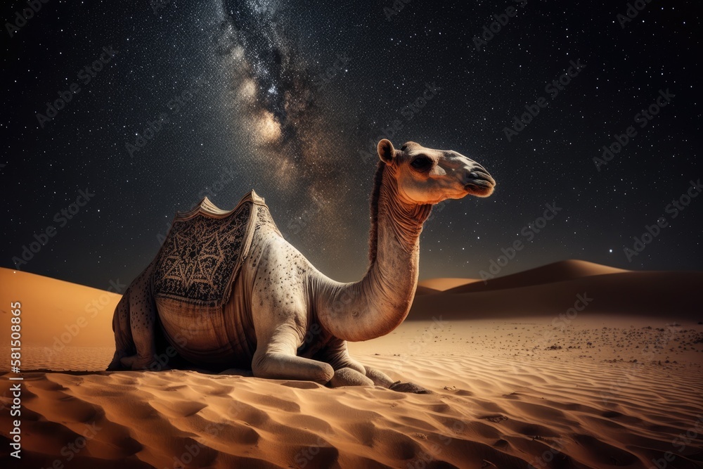 Camel animal is sitting on the sand dune in a desert. Milky Way galaxy and stars in the sky. United 