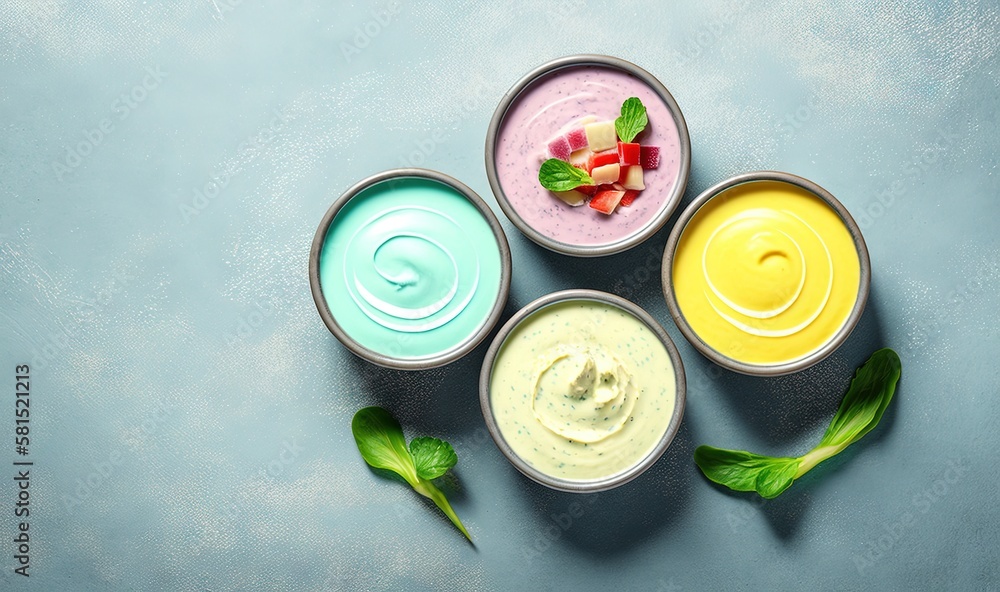  four different colored yogurt cups with green leaves around them on a blue surface with a green lea