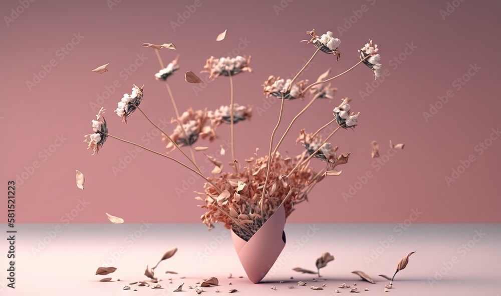  a vase filled with dried flowers on top of a white counter top next to a pink wall and a pink wall 