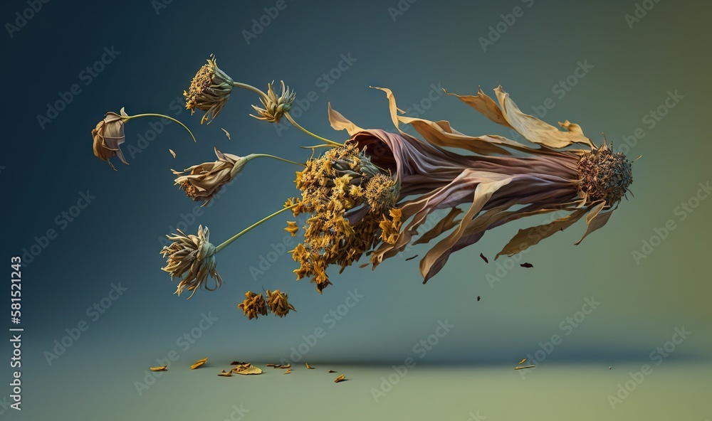  a dried flower is flying in the air on a blue background with a shadow of a flower head and leaves 