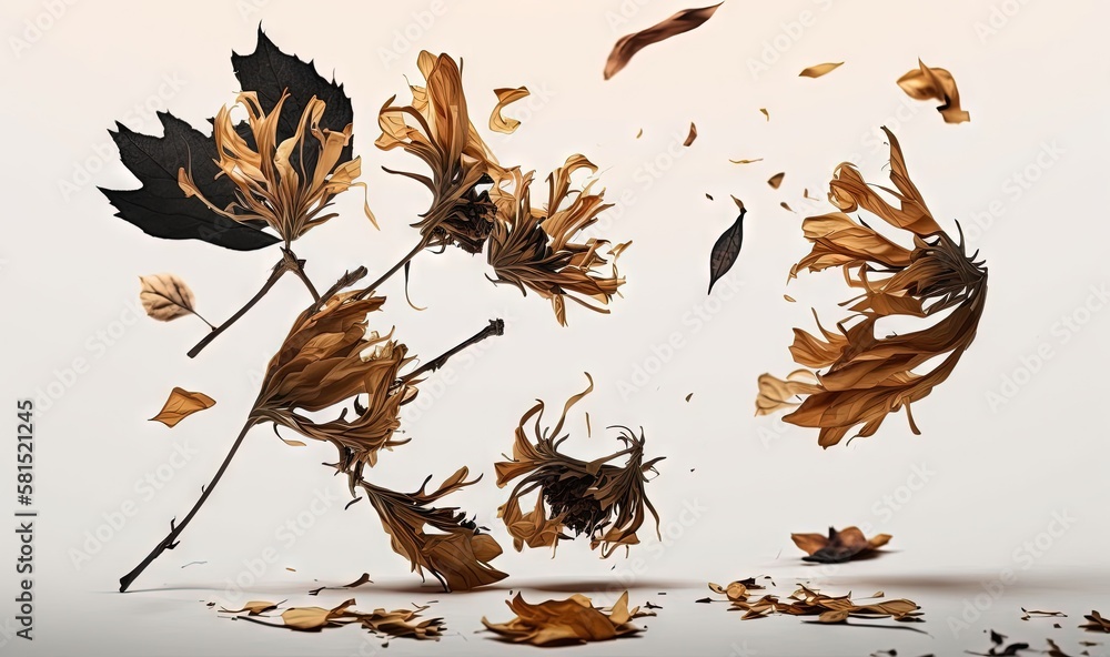  a group of dead flowers and leaves flying in the air with a white background and a white wall in th