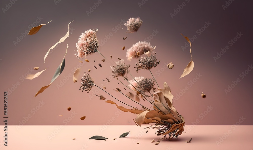  a bunch of dried flowers on a pink surface with leaves flying around it and a pink background with 