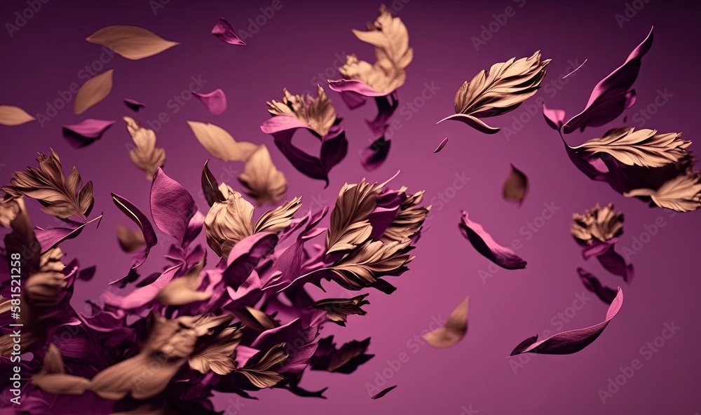  a bunch of purple leaves flying in the air on a purple background with a purple background and a pu