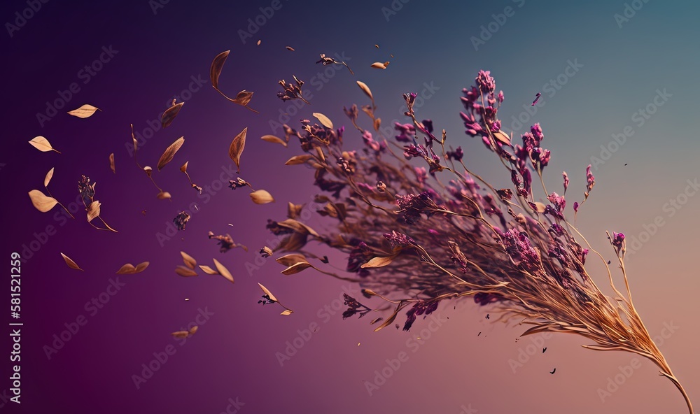  a bunch of flowers that are flying in the air with a blurry background of the sky in the background