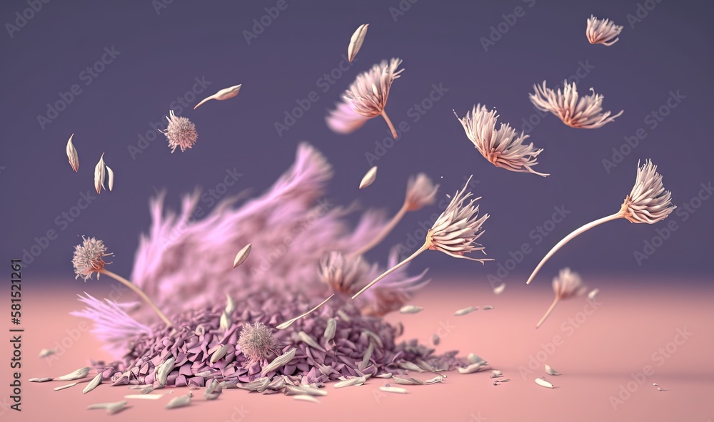  a bunch of dandelions flying in the air over a pink table top with a purple background and a purple