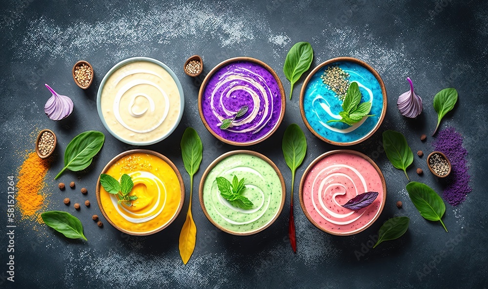  a group of bowls filled with different types of dips on top of a table with green leaves and spices