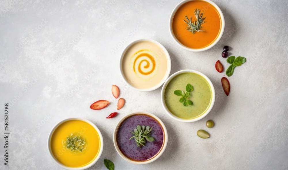  four bowls of different colored soup on a white surface with a sprig of green on top of the bowls a