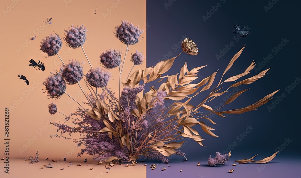  a bunch of flowers sitting on top of a table next to a vase with flowers in it and a butterfly flyi