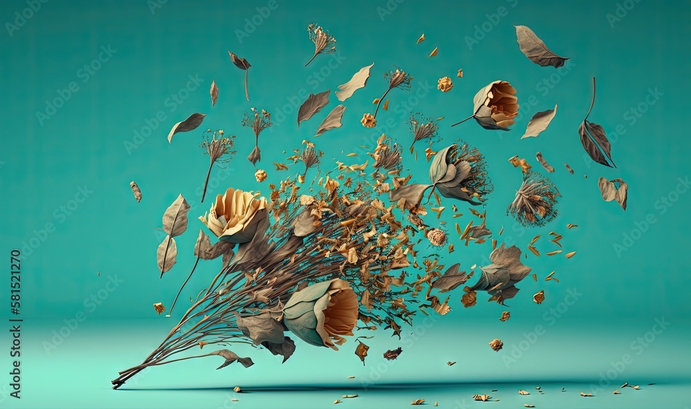  a bouquet of dried flowers and leaves floating in the air on a blue background with a green backgro