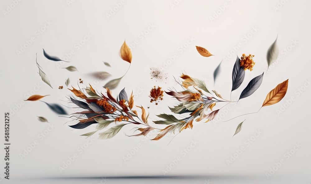  a bunch of leaves floating in the air with a white background and a light gray background with a li