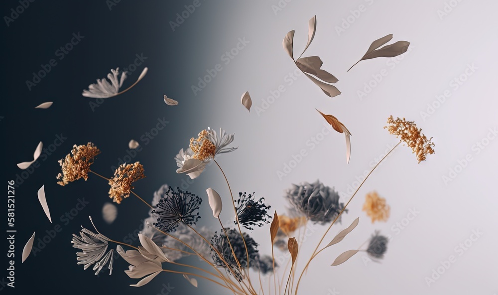  a bunch of flowers that are flying in the air with a black background and a white wall in the backg