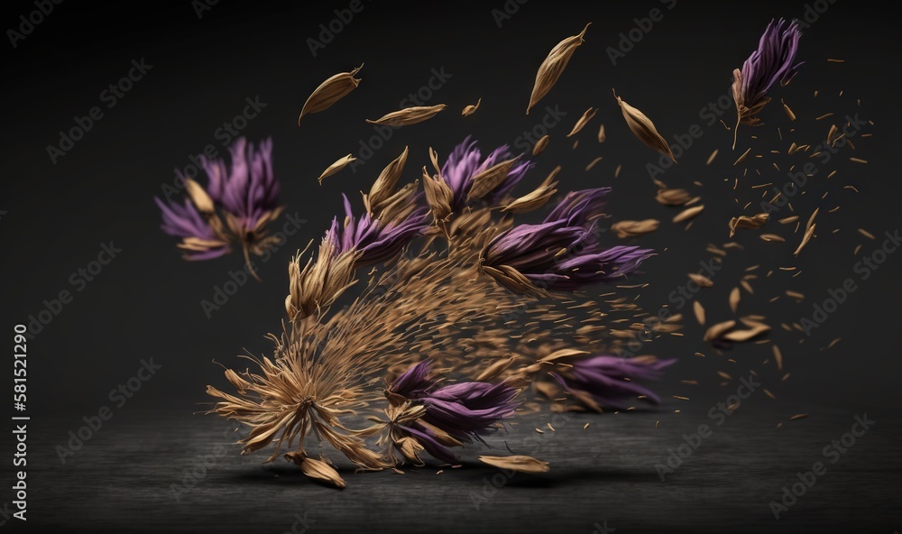  a bunch of dried flowers on a black background with a splash of water in the middle of the image an