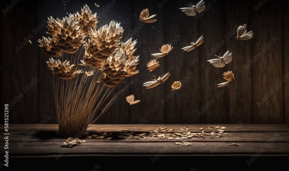  a vase filled with dried flowers on top of a wooden table next to a bunch of butterflies flying ove