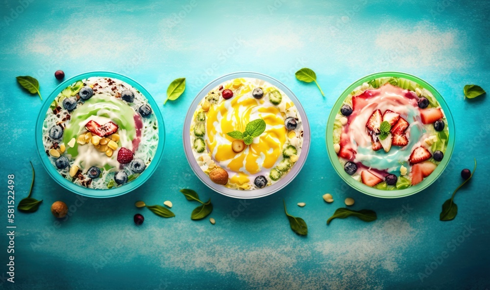  three bowls of fruit salad on a blue surface with leaves and nuts on the side of the bowls, one of 