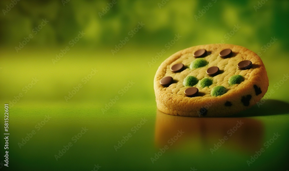  a cookie with chocolate chips and green candies on its side sitting on a shiny surface in front of