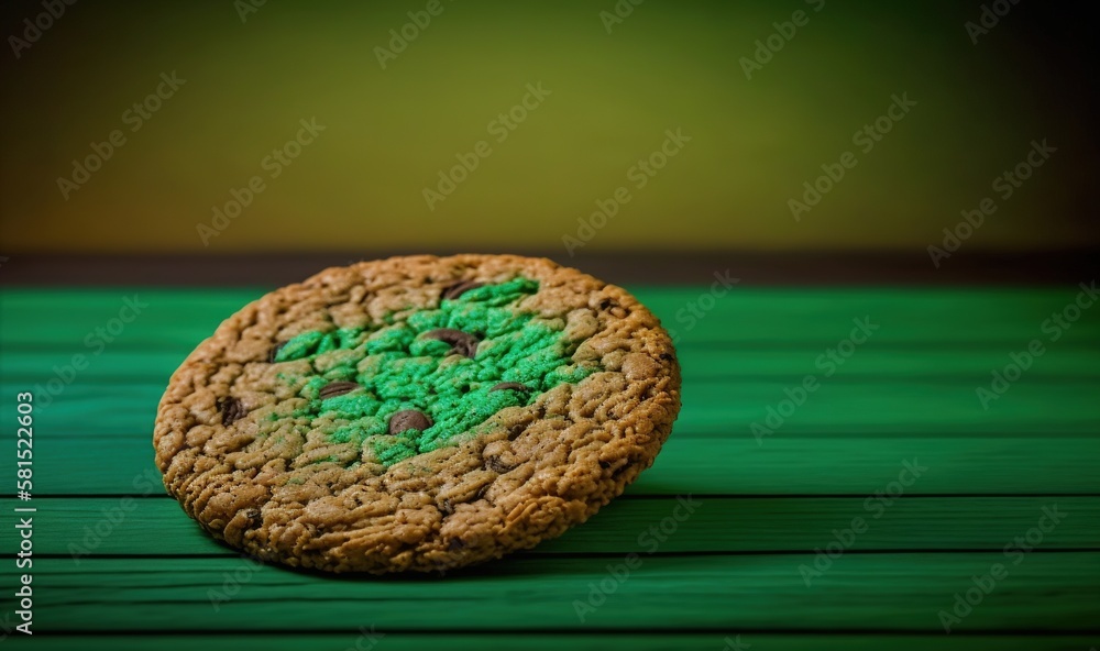  a close up of a cookie on a green table top with a green background and a green and brown cookie wi