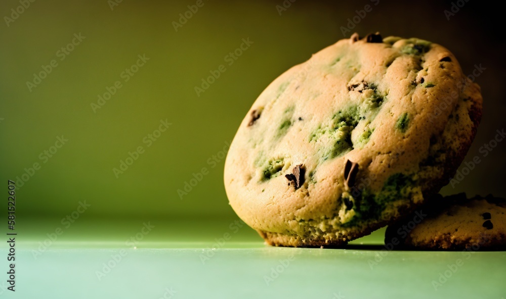  two chocolate chip cookies sitting next to each other on a green table top with a green back ground