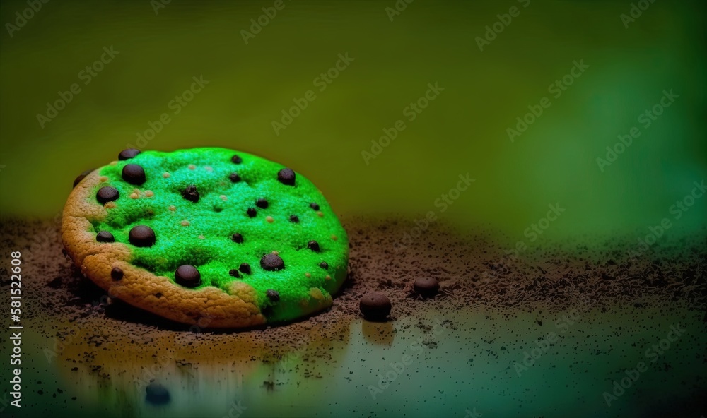  a cookie with green icing and chocolate chips on a counter top with green and black sprinkles on it