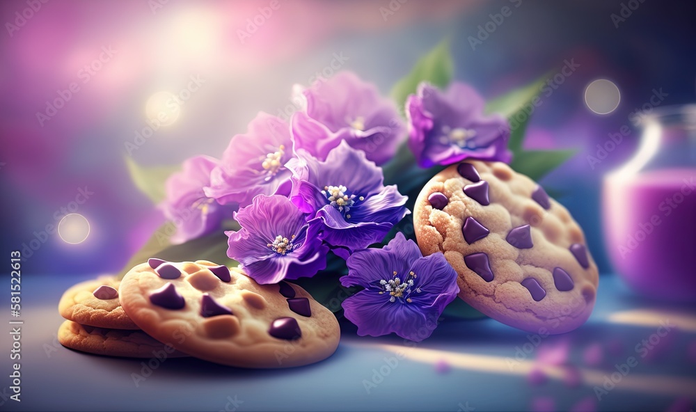  a cookie with purple flowers next to a glass of purple milk on a blue tablecloth with purple flower