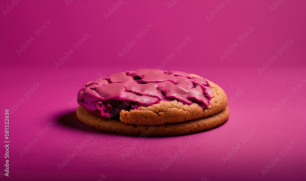  a cookie with pink icing on a purple background with a pink background and a pink background with a