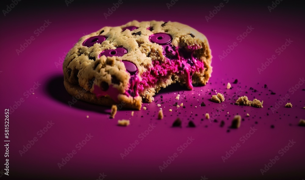  a chocolate chip cookie with pink frosting and sprinkles on a purple surface with a bite taken out 