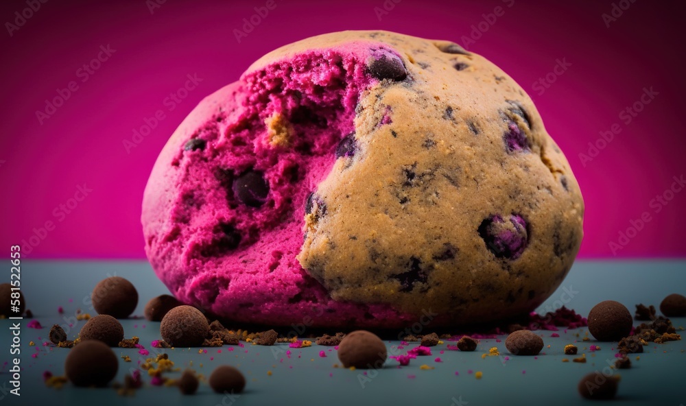  a chocolate chip cookie with pink and purple icing on a blue surface surrounded by chocolate chips 