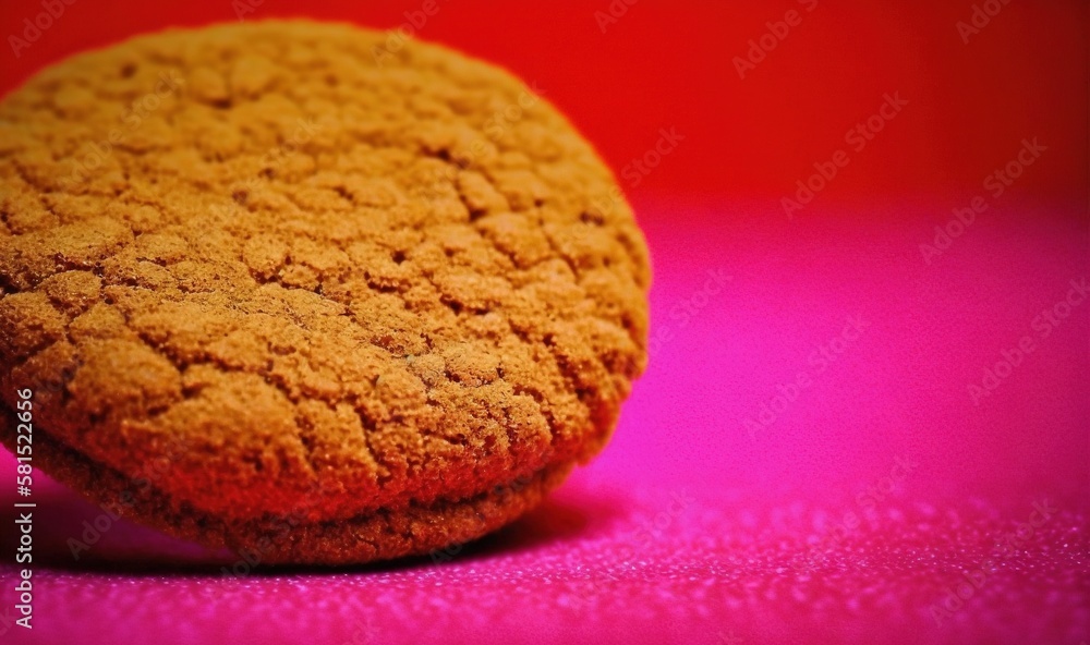  a close up of a cookie on a pink and red background with a pink spot in the middle of the image and