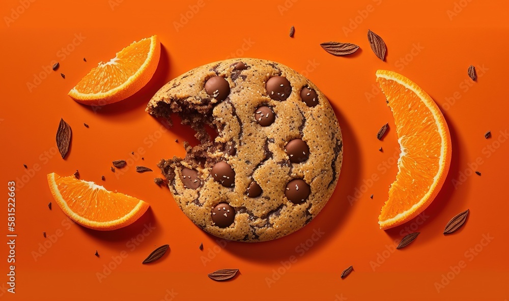  a cookie with a bite taken out of it surrounded by orange slices and nuts on an orange background w