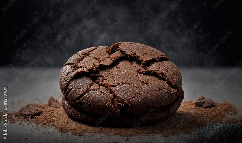  a chocolate cookie with a bite taken out of it sitting on a table covered in powdered sugar and bro