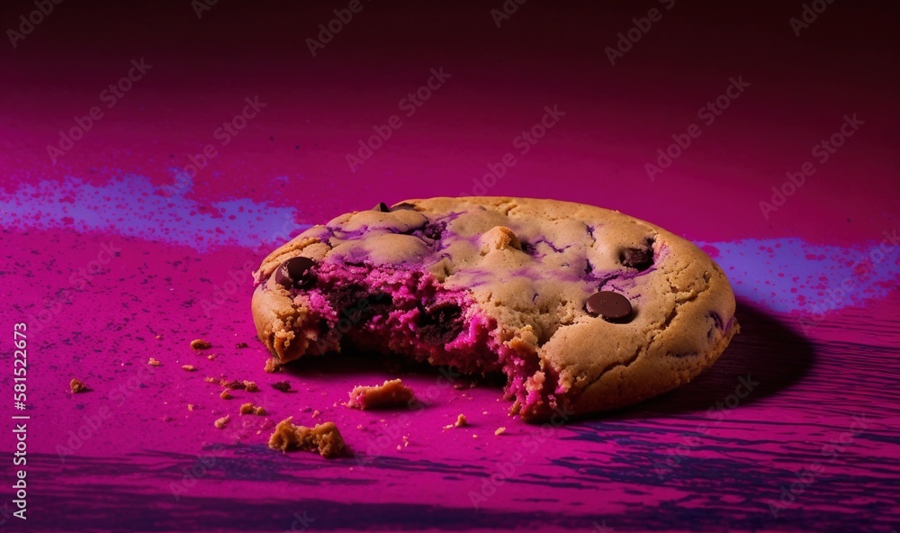  a cookie with a bite taken out of it on a pink and purple background with a bite taken out of it to