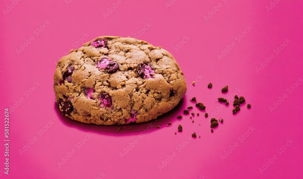  a chocolate chip cookie on a pink background with crumbles scattered around it on a pink surface wi