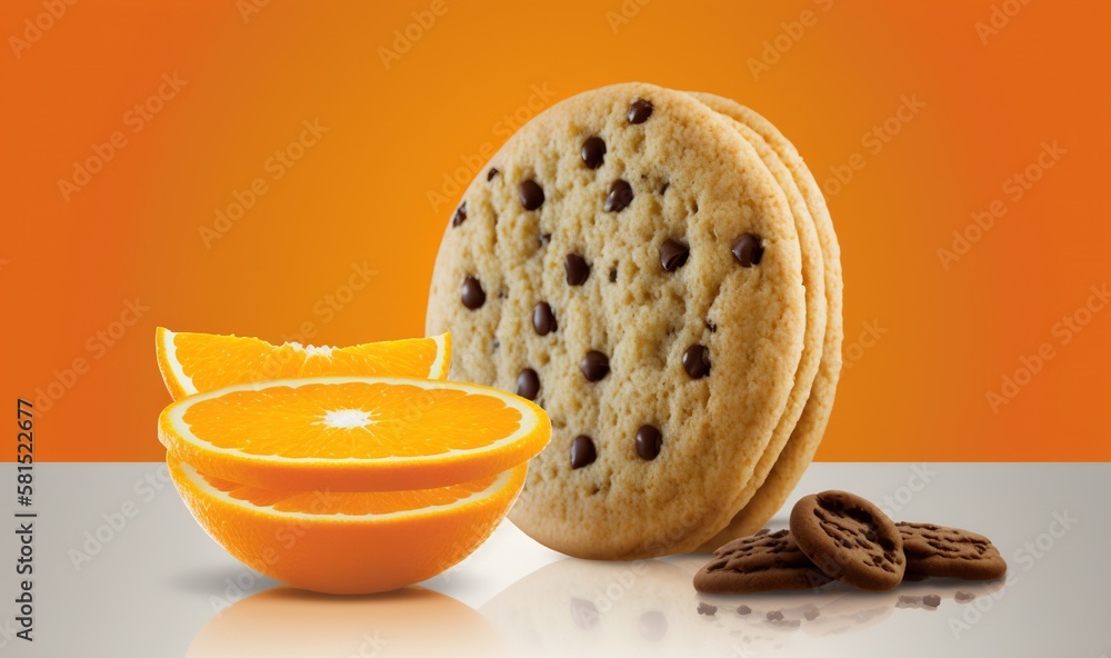  a cookie with chocolate chips and an orange on a white surface with a reflection of the cookie and 