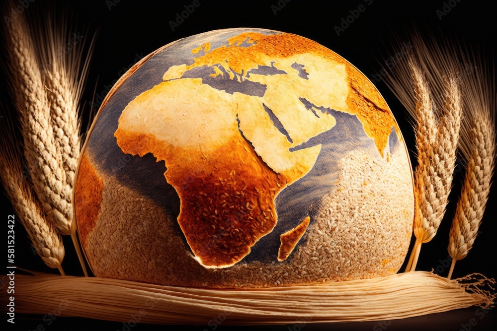 A small globe and grain of wheat. harvest, export, import, and drought in warm countries. scarcity o