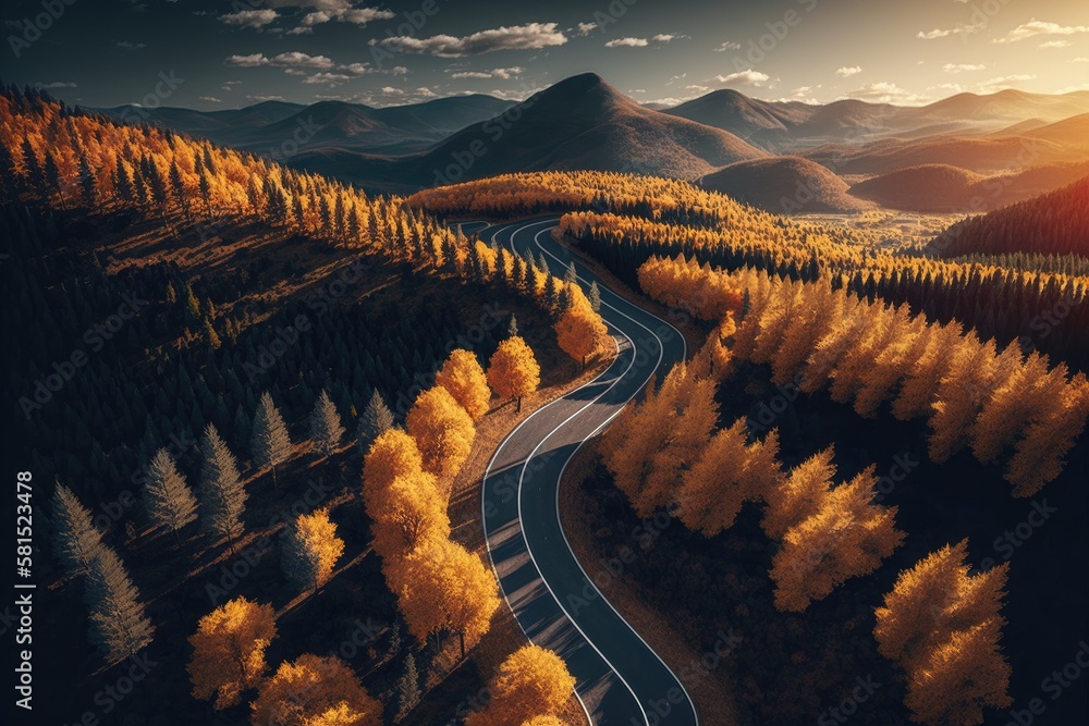 Aerial view of an autumnal mountain road through a forest at dusk. aerial view of a road in the wood