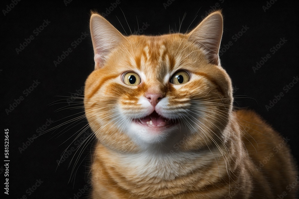 Funny Portrait of Smiling Ginger Cat Gazing on Isolated Black Background with Wide Mouth. Generative