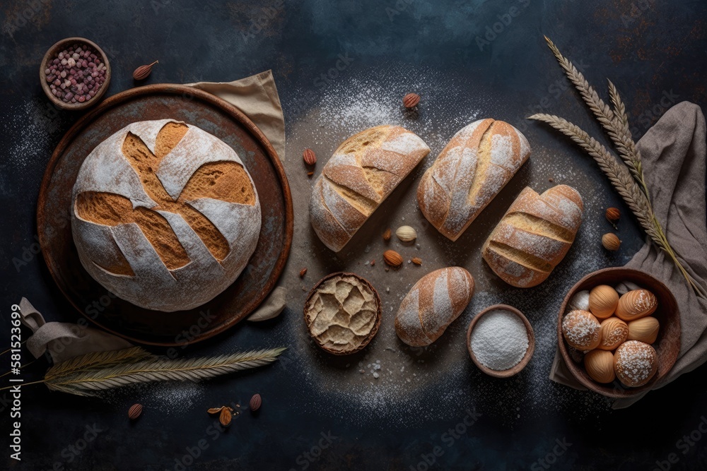 On a stone table are many loaves made with wheat and flour. Flat lay top view with copy space. Gener