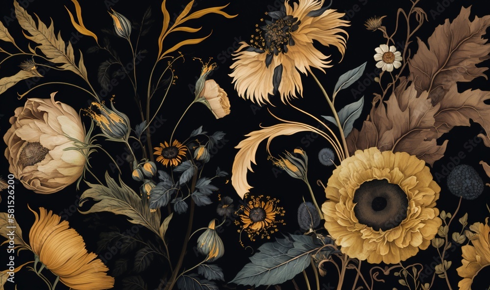  a painting of a bunch of flowers on a black background with yellow and brown flowers and leaves on 