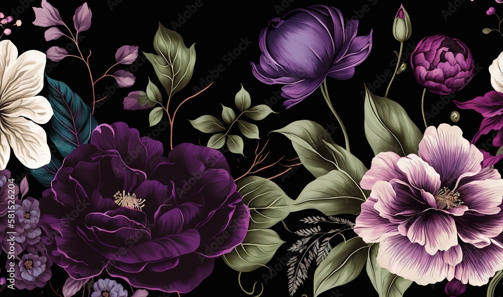  a bunch of flowers that are on a black background with purple and white flowers and leaves on the s