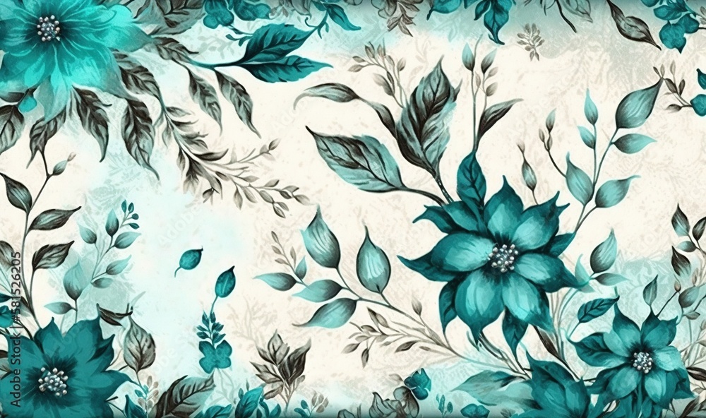  a blue and white flowered background with leaves and flowers on a light blue background with a blac