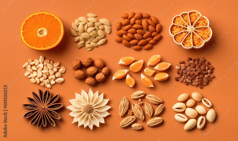  a variety of nuts and oranges on a orange background with a star anisette in the middle of the nuts