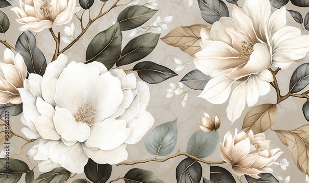  a floral wallpaper with white flowers and green leaves on a beige background with a black and white