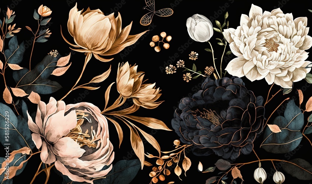  a painting of flowers and leaves on a black background with a butterfly in the middle of the pictur